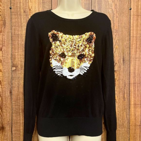 French Connection Sequin Fox Black Cotton Sweater - Picture 1 of 10